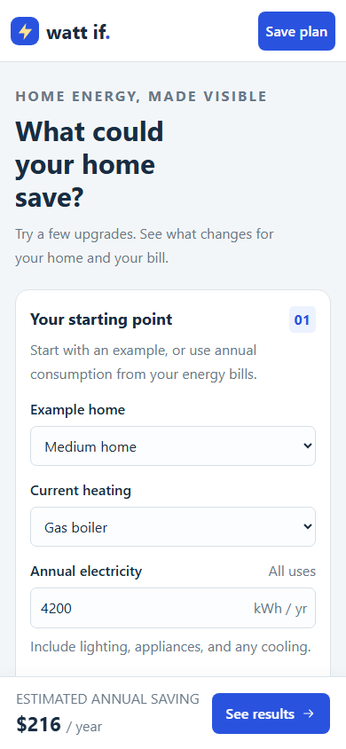 Mobile Home Energy Explorer with readable household controls and a persistent savings summary